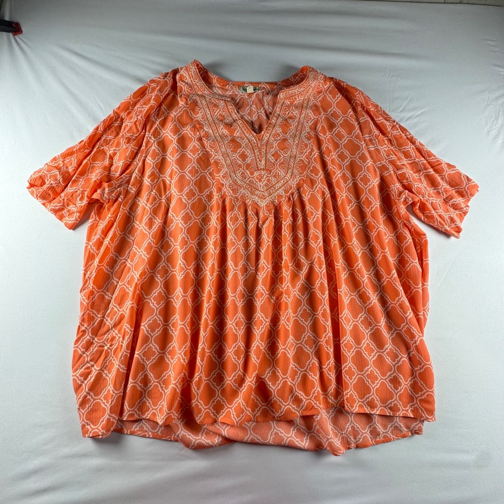 One World Peachy Pink Quatrefoil‎ Embroidered V-Neck Boho Tunic Top XXXL